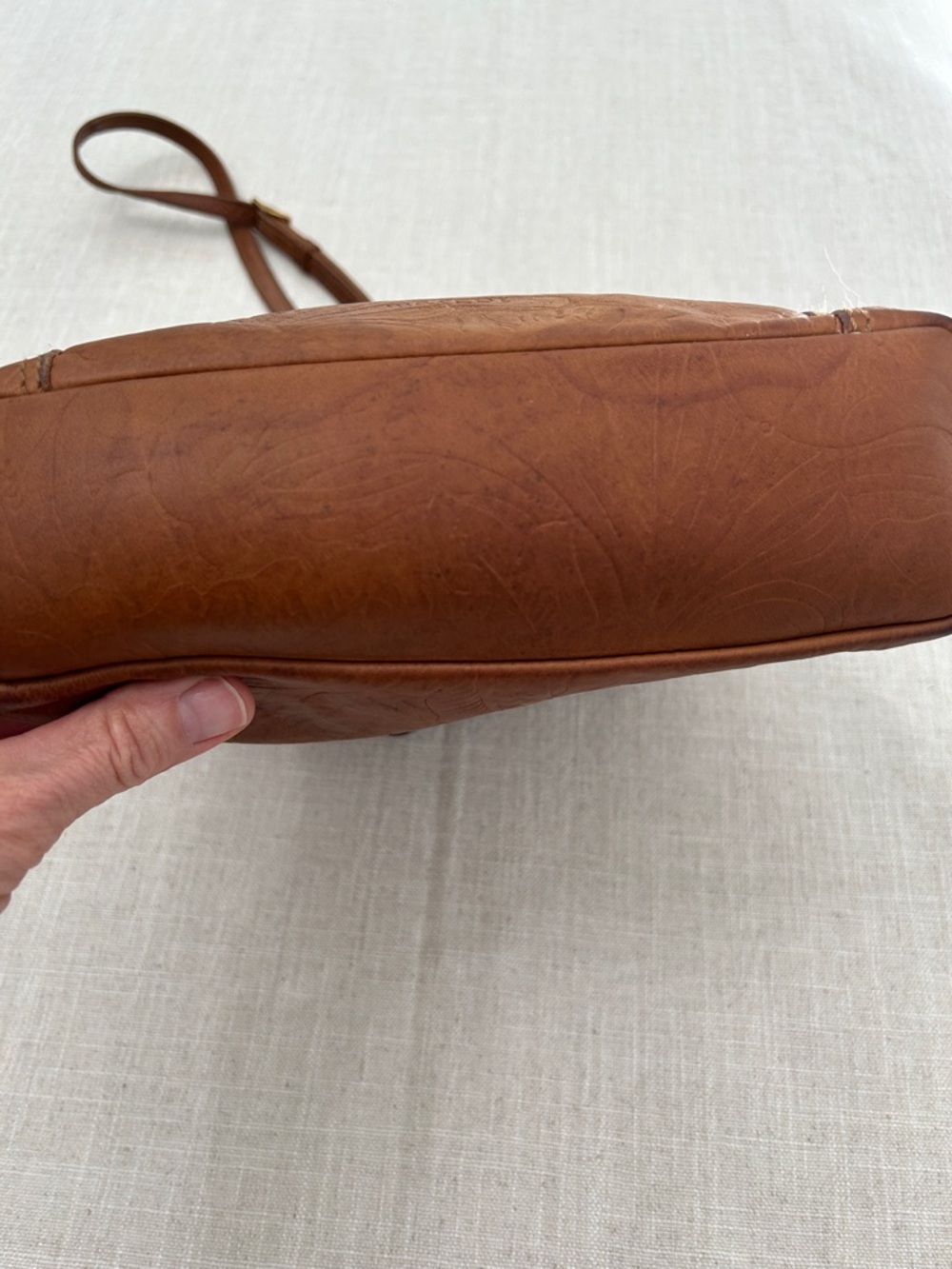 Margot Crossbody Bag Embossed Floral Leather in Cognac Brown - Picture 6 of 16